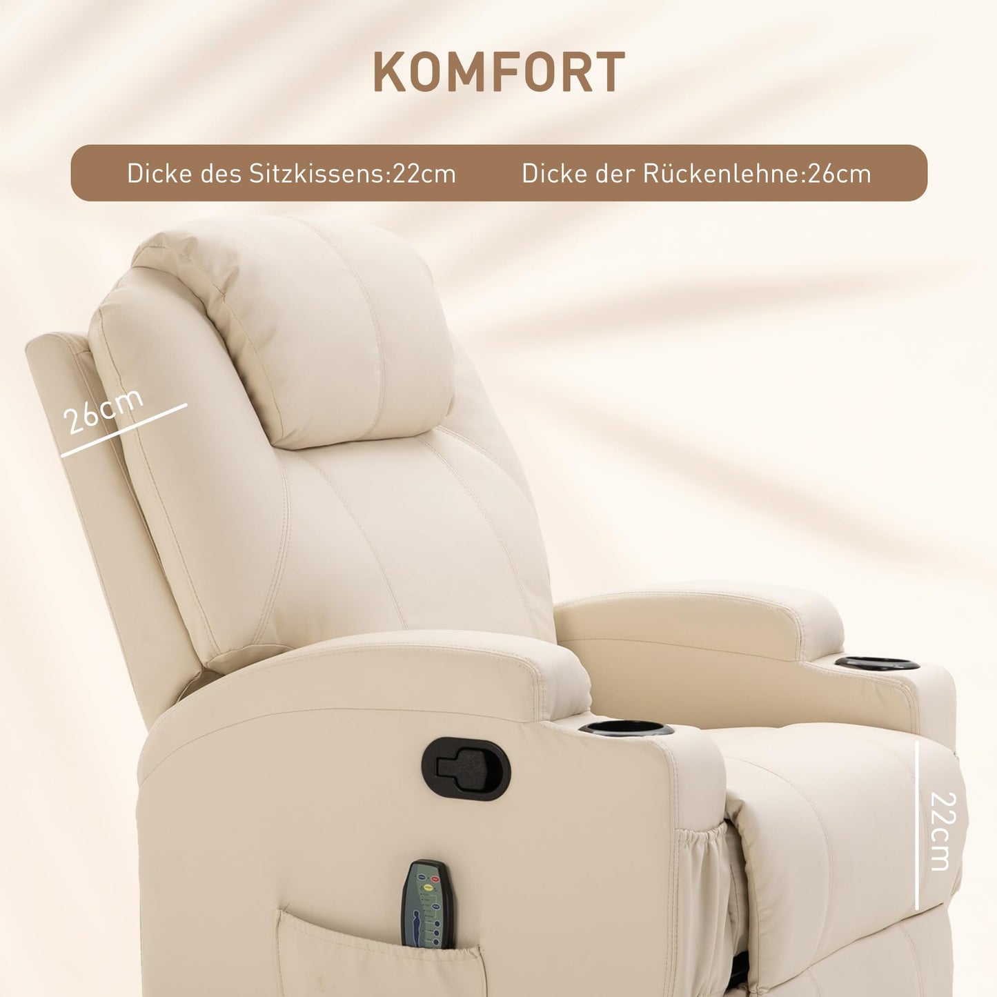 HOMCOM Elektrischer Massagesessel – 5 Modi, Liegefunktion, Kunstleder, Holz & Metall, Relax- & Fernsehsessel, Cremeweiß (84×92×109 cm)