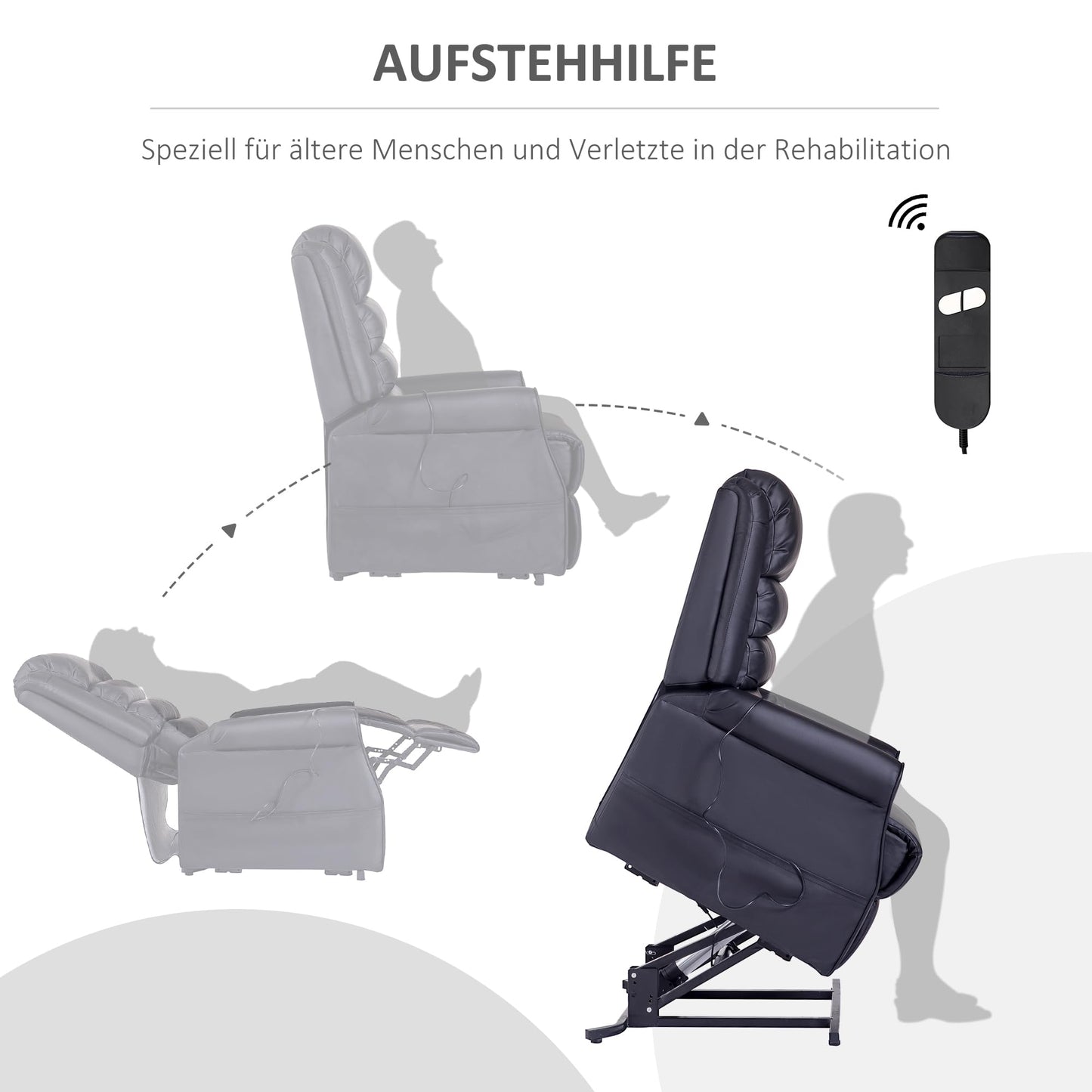 HOMCOM Aufstehsessel Schwarz – Massagesessel mit Liegefunktion, Aufstehhilfe, Becherhalter & Fernbedienung, Relaxsessel aus Kunstleder