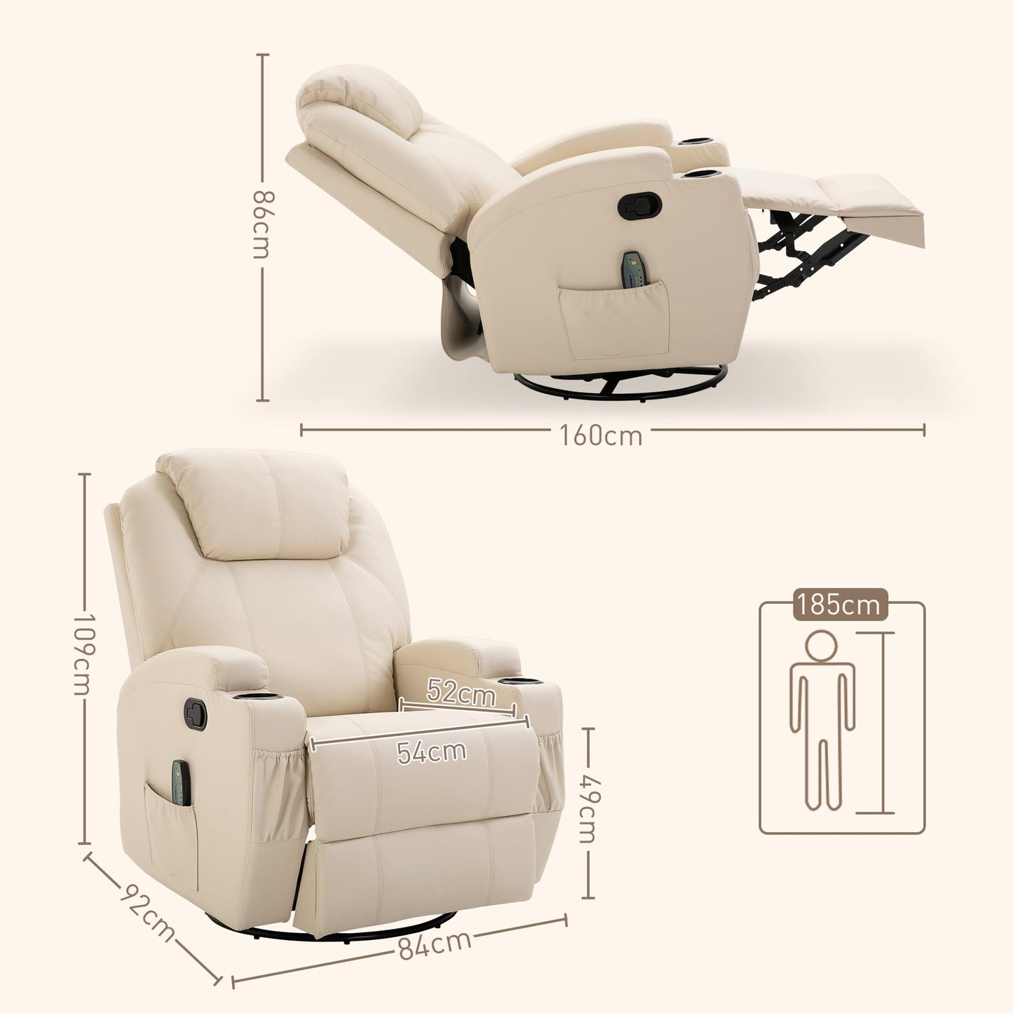 HOMCOM Elektrischer Massagesessel – 5 Modi, Liegefunktion, Kunstleder, Holz & Metall, Relax- & Fernsehsessel, Cremeweiß (84×92×109 cm)