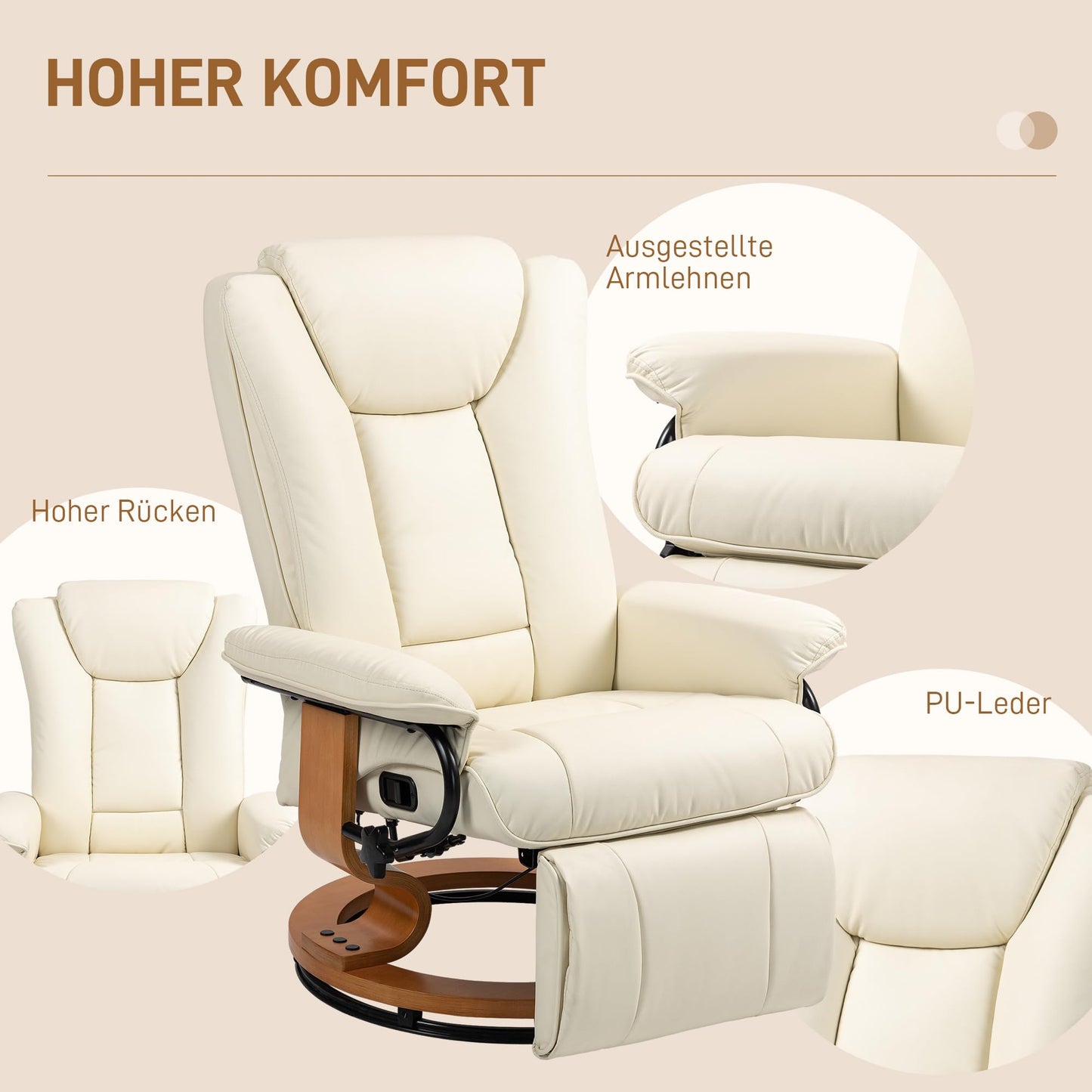 HOMCOM Relaxsessel Cremeweiß – Drehbarer Fernsehsessel mit Liegefunktion, verstellbarer Rückenlehne, bis 150 kg, Kunstleder