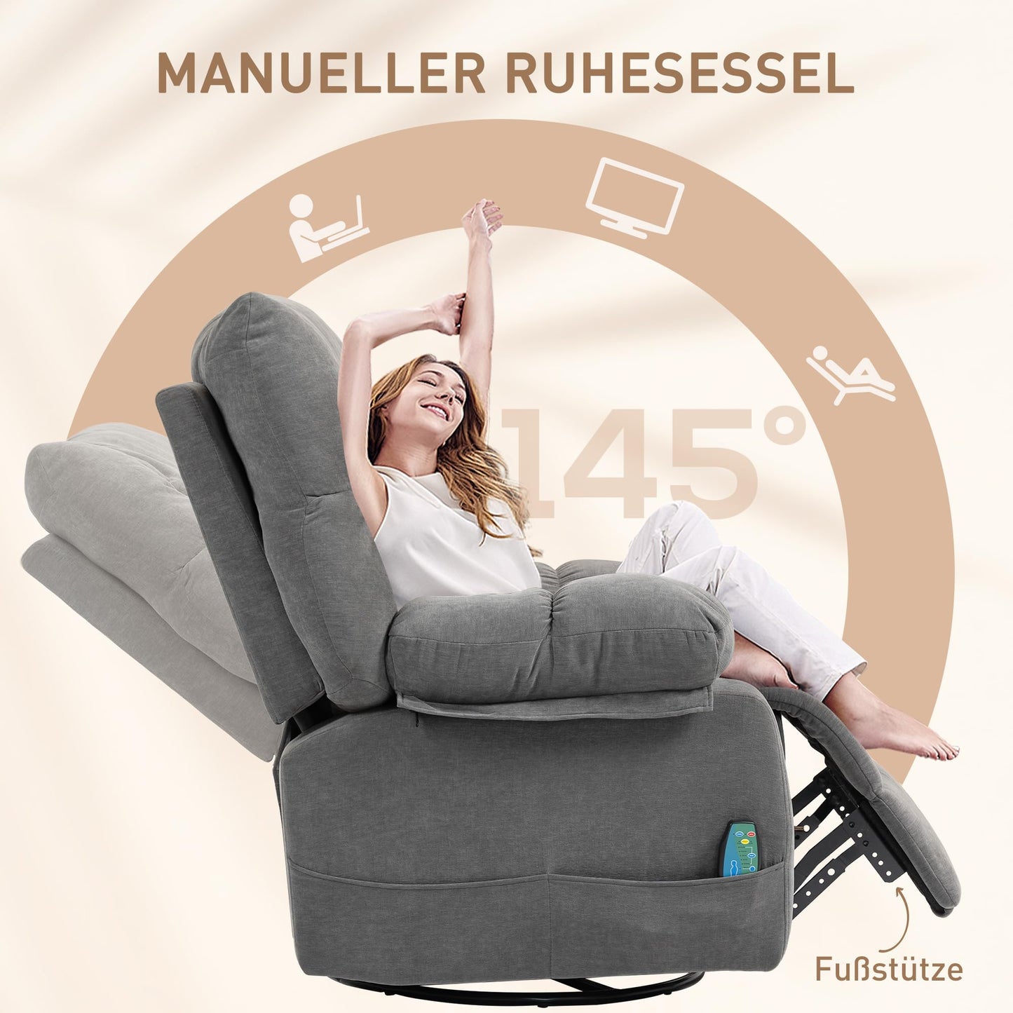 HOMCOM Relaxsessel Dunkelgrau – Massage-, Wärme-, Schaukel- & Liegefunktion, drehbar mit Fußteil, Fernbedienung & Seitentasche, fürs Wohnzimmer