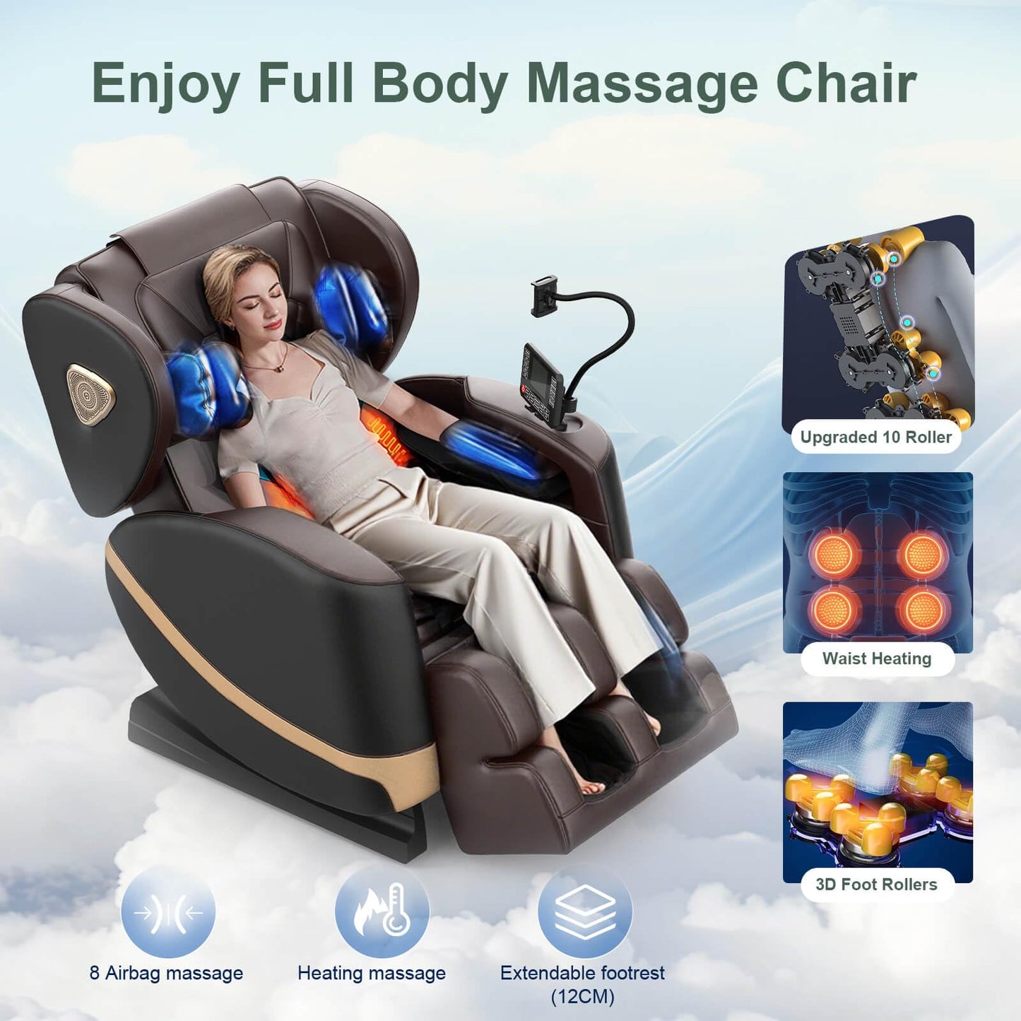 FURNIMAT Ganzkörper-Massagesessel – Zero Gravity, Heizung für Taille & Beine, 10 Rollen, Airbags, Fußmassage, Bluetooth, Fernbedienung