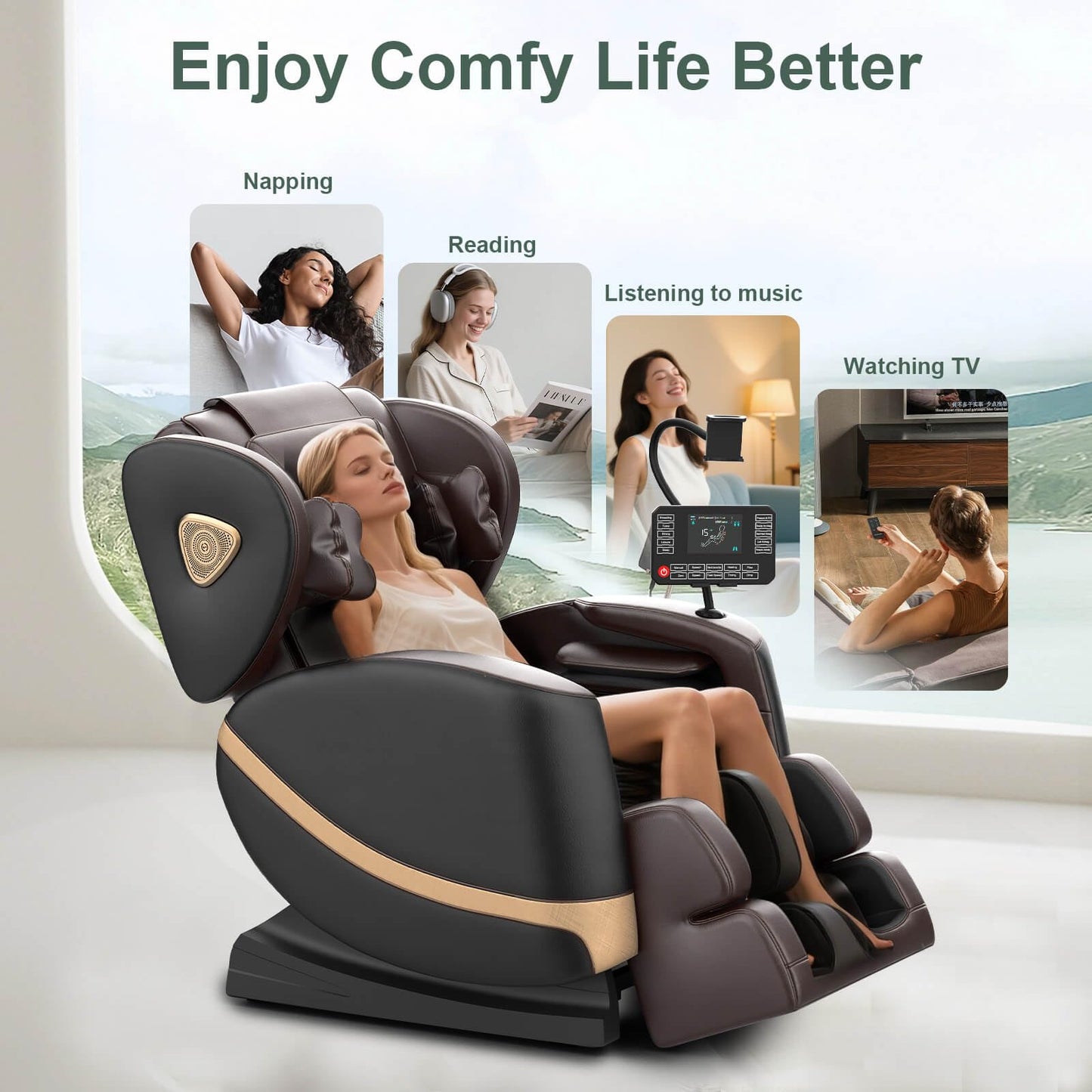 FURNIMAT Ganzkörper-Massagesessel – Zero Gravity, Heizung für Taille & Beine, 10 Rollen, Airbags, Fußmassage, Bluetooth, Fernbedienung