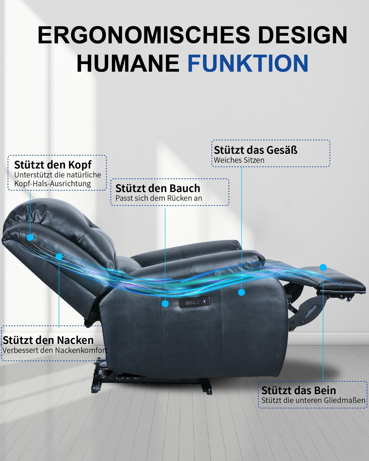 MeitFith Elektrischer Relaxsessel – Ganzkörpermassage, Liegefunktion, Wärme & Aufstehhilfe, Massagesessel & Fernsehsessel in einem