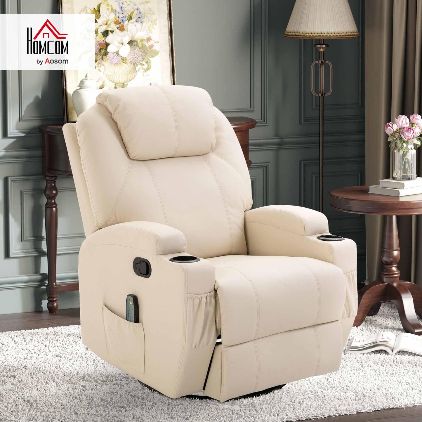 HOMCOM Elektrischer Massagesessel – 5 Modi, Liegefunktion, Kunstleder, Holz & Metall, Relax- & Fernsehsessel, Cremeweiß (84×92×109 cm)