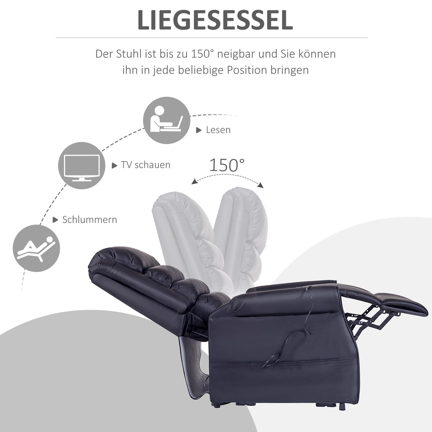 HOMCOM Aufstehsessel Schwarz – Massagesessel mit Liegefunktion, Aufstehhilfe, Becherhalter & Fernbedienung, Relaxsessel aus Kunstleder