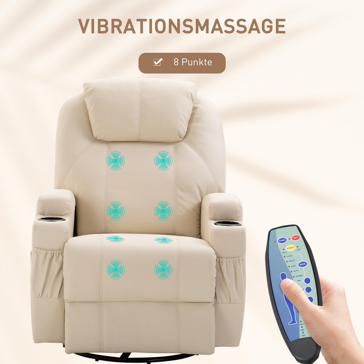 HOMCOM Elektrischer Massagesessel – 5 Modi, Liegefunktion, Kunstleder, Holz & Metall, Relax- & Fernsehsessel, Cremeweiß (84×92×109 cm)
