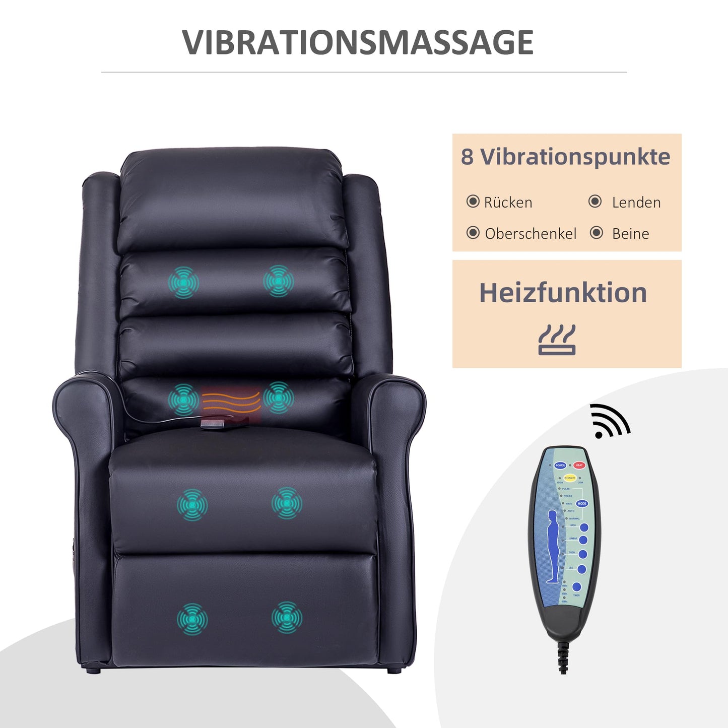 HOMCOM Aufstehsessel Schwarz – Massagesessel mit Liegefunktion, Aufstehhilfe, Becherhalter & Fernbedienung, Relaxsessel aus Kunstleder