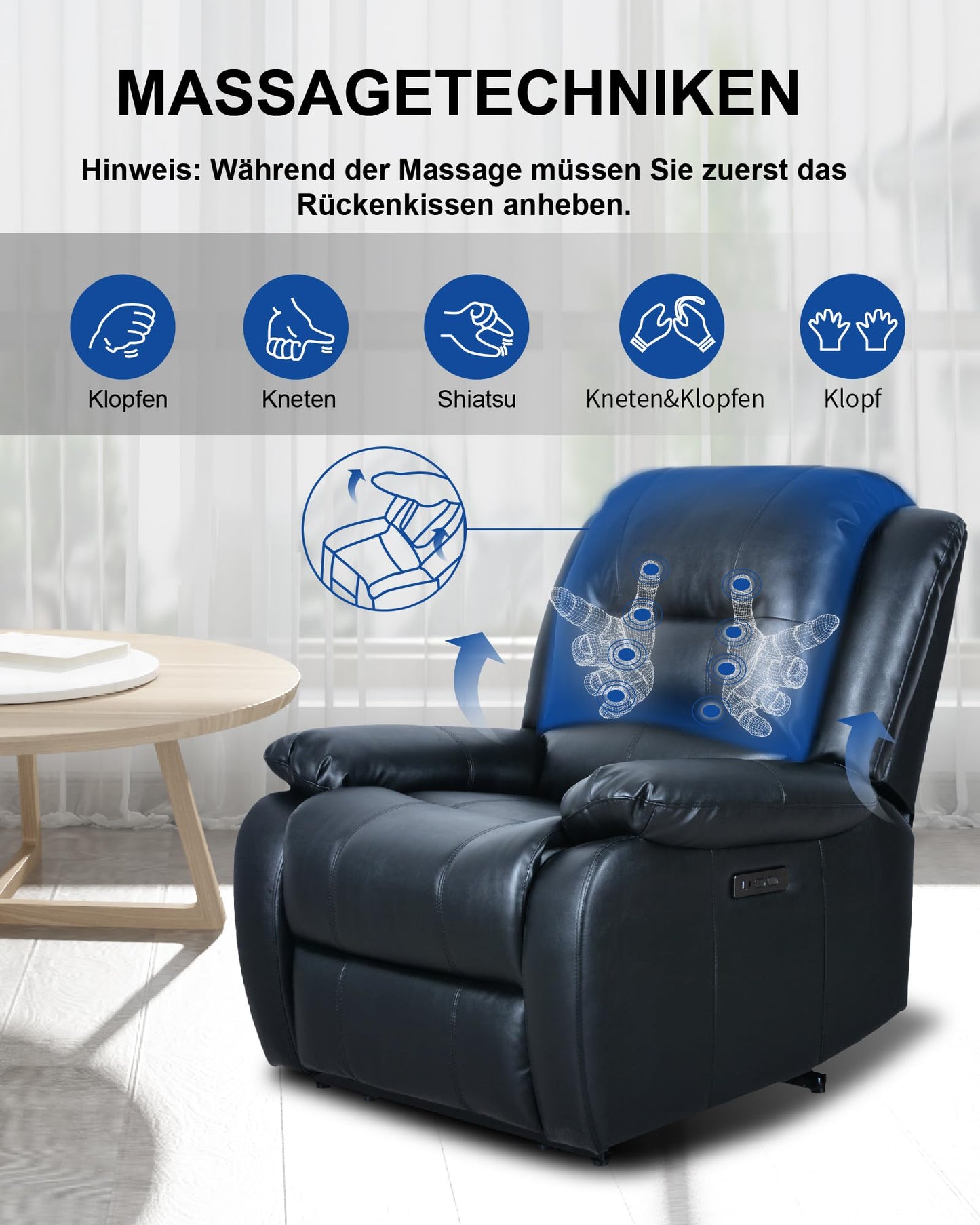 MeitFith Elektrischer Relaxsessel – Ganzkörpermassage, Liegefunktion, Wärme & Aufstehhilfe, Massagesessel & Fernsehsessel in einem
