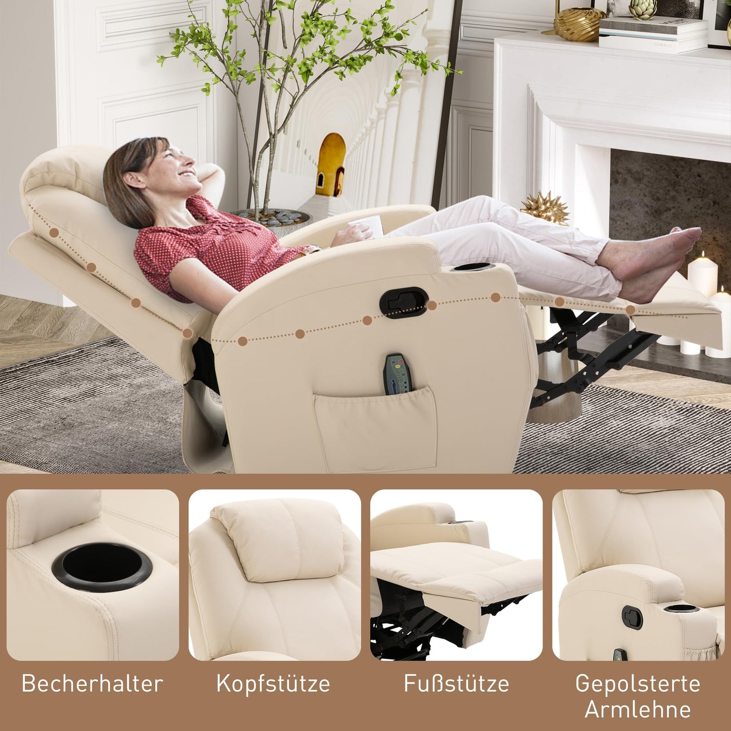 HOMCOM Elektrischer Massagesessel – 5 Modi, Liegefunktion, Kunstleder, Holz & Metall, Relax- & Fernsehsessel, Cremeweiß (84×92×109 cm)