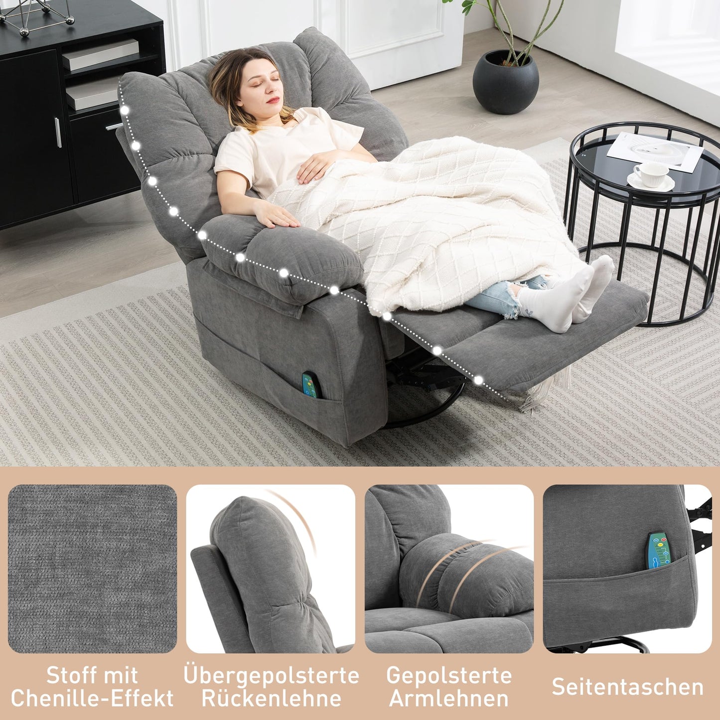 HOMCOM Relaxsessel Dunkelgrau – Massage-, Wärme-, Schaukel- & Liegefunktion, drehbar mit Fußteil, Fernbedienung & Seitentasche, fürs Wohnzimmer