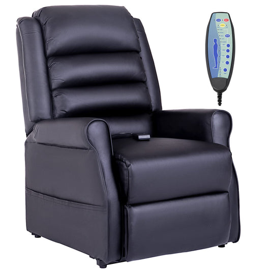 HOMCOM Aufstehsessel Schwarz – Massagesessel mit Liegefunktion, Aufstehhilfe, Becherhalter & Fernbedienung, Relaxsessel aus Kunstleder