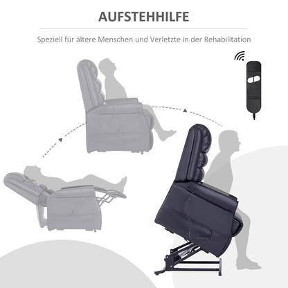 HOMCOM Aufstehsessel Schwarz – Massagesessel mit Liegefunktion, Aufstehhilfe, Becherhalter & Fernbedienung, Relaxsessel aus Kunstleder