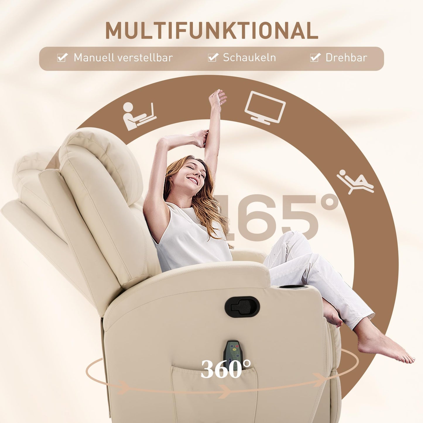 HOMCOM Elektrischer Massagesessel – 5 Modi, Liegefunktion, Kunstleder, Holz & Metall, Relax- & Fernsehsessel, Cremeweiß (84×92×109 cm)