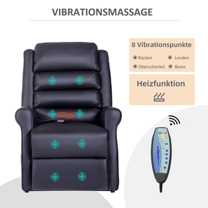 HOMCOM Aufstehsessel Schwarz – Massagesessel mit Liegefunktion, Aufstehhilfe, Becherhalter & Fernbedienung, Relaxsessel aus Kunstleder