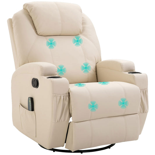 HOMCOM Elektrischer Massagesessel – 5 Modi, Liegefunktion, Kunstleder, Holz & Metall, Relax- & Fernsehsessel, Cremeweiß (84×92×109 cm)