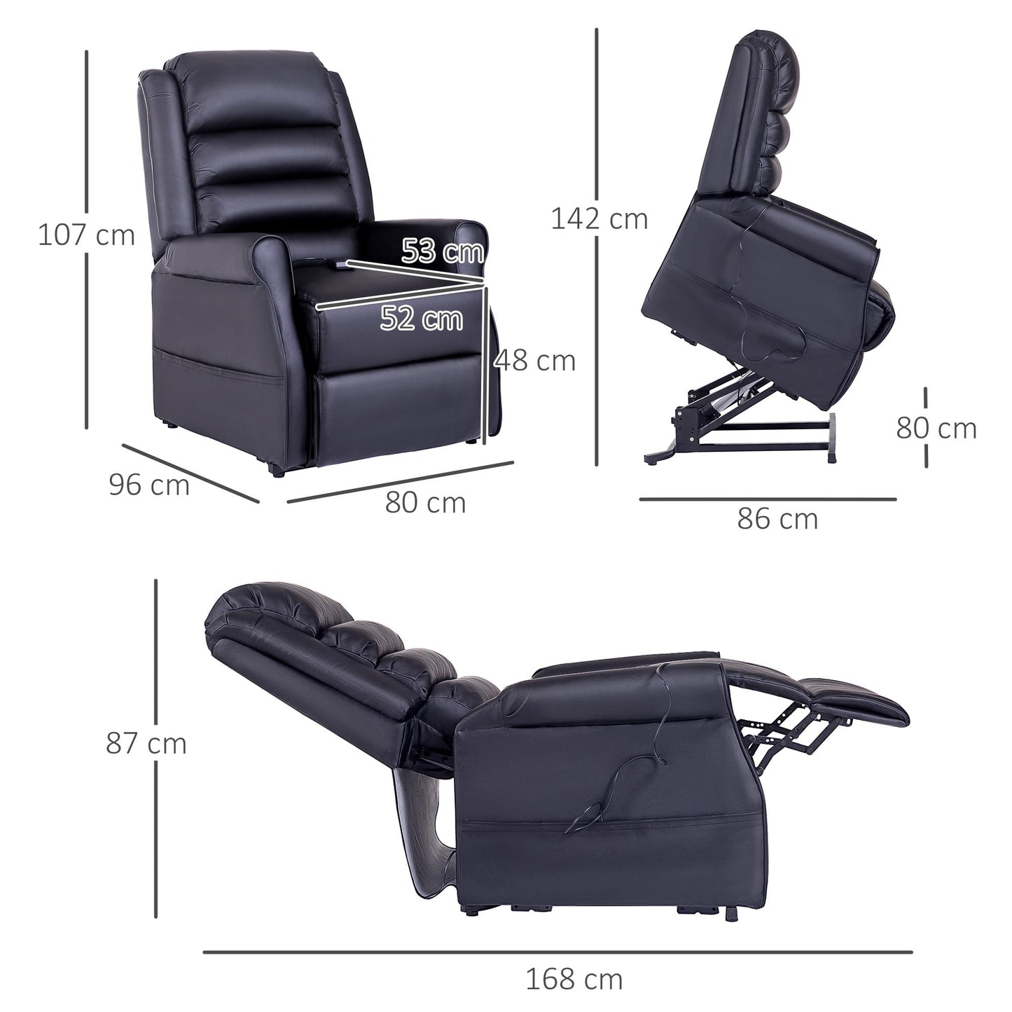 HOMCOM Aufstehsessel Schwarz – Massagesessel mit Liegefunktion, Aufstehhilfe, Becherhalter & Fernbedienung, Relaxsessel aus Kunstleder