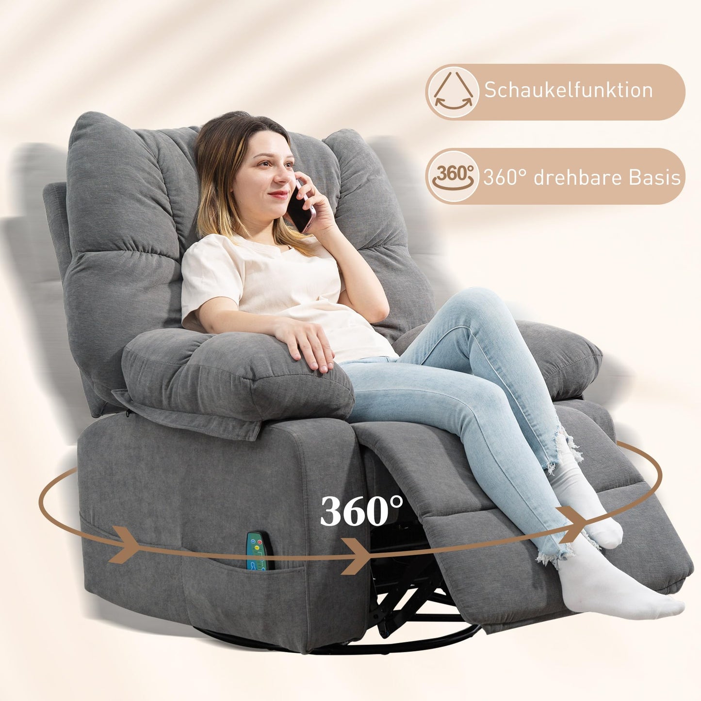 HOMCOM Relaxsessel Dunkelgrau – Massage-, Wärme-, Schaukel- & Liegefunktion, drehbar mit Fußteil, Fernbedienung & Seitentasche, fürs Wohnzimmer