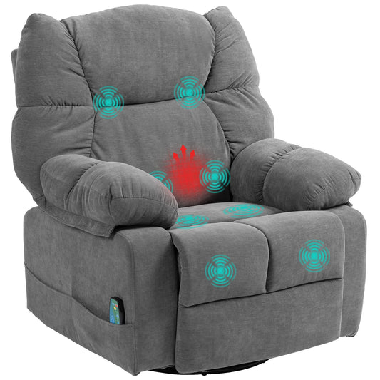 HOMCOM Relaxsessel Dunkelgrau – Massage-, Wärme-, Schaukel- & Liegefunktion, drehbar mit Fußteil, Fernbedienung & Seitentasche, fürs Wohnzimmer