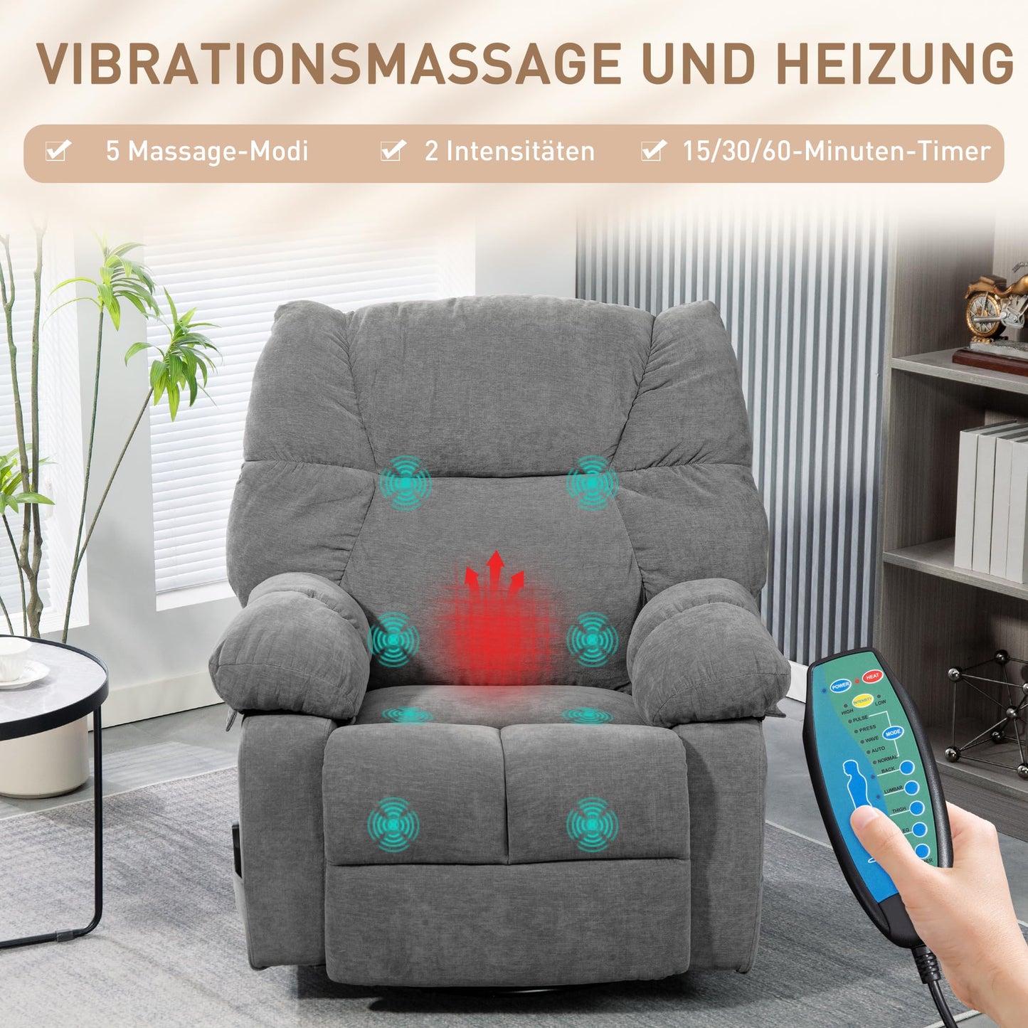 HOMCOM Relaxsessel Dunkelgrau – Massage-, Wärme-, Schaukel- & Liegefunktion, drehbar mit Fußteil, Fernbedienung & Seitentasche, fürs Wohnzimmer