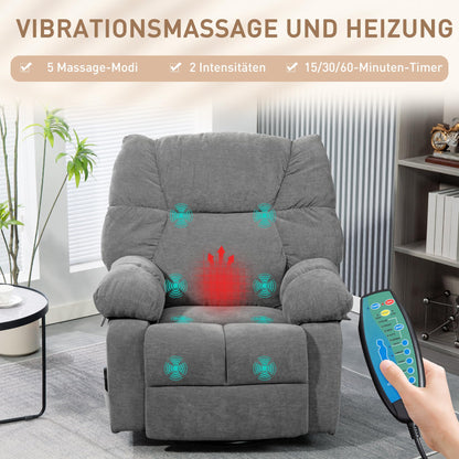 HOMCOM Relaxsessel Dunkelgrau – Massage-, Wärme-, Schaukel- & Liegefunktion, drehbar mit Fußteil, Fernbedienung & Seitentasche, fürs Wohnzimmer
